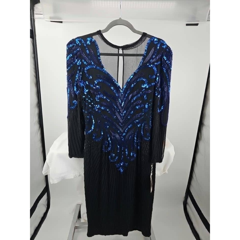 Vintage AJ Bari Black Silk Beaded Sequin Dress Blue Scroll Illusion Mesh 12